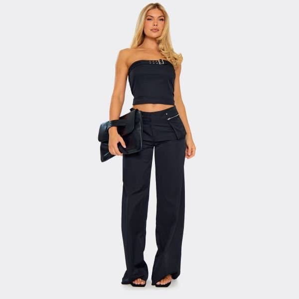EGO Mid Rise Belt Detail Wide Leg Trousers In Black Woven, Women's Size UK 6