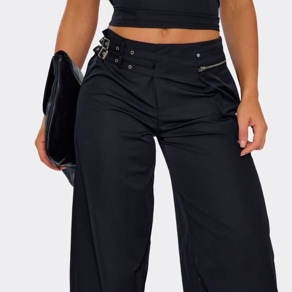 EGO Mid Rise Belt Detail Wide Leg Trousers In Black Woven, Women's Size UK 6 - 2