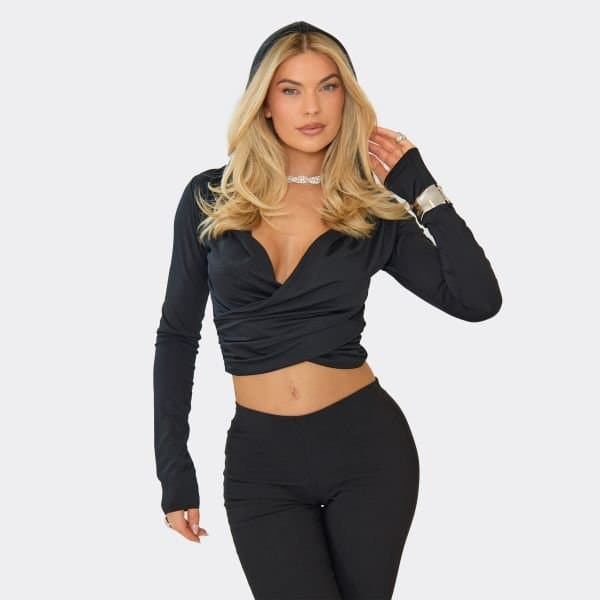 EGO EGO Long Sleeve Cowl Hooded Crop Top in Black