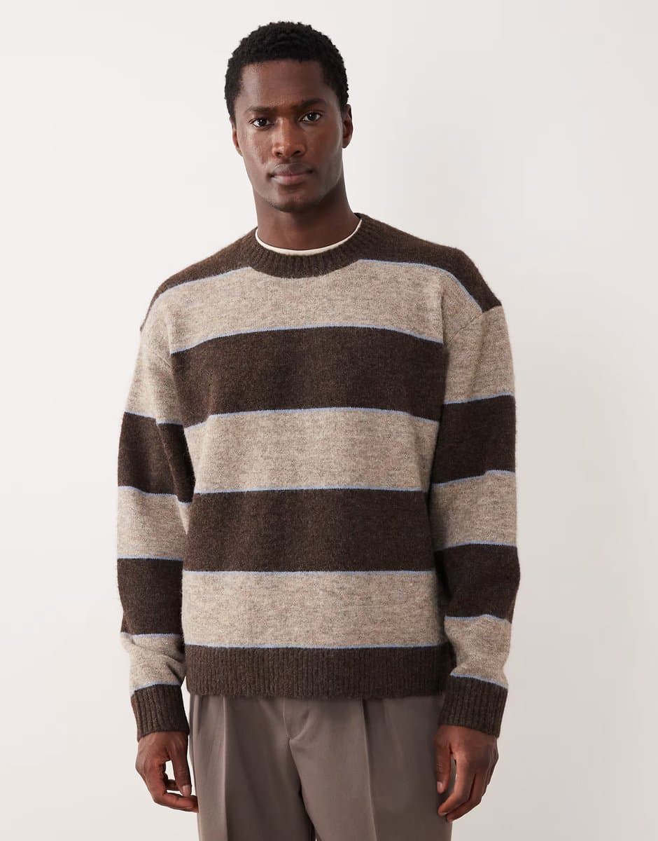 ASOS Abercrombie & Fitch knitted crew neck preppy jumper in brown stripe