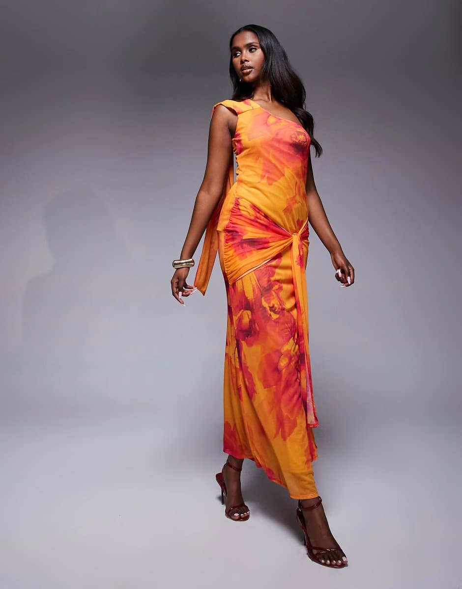 ASOS ASOS DESIGN one shoulder mesh maxi dress with knotted skirt detailing in orange floral print