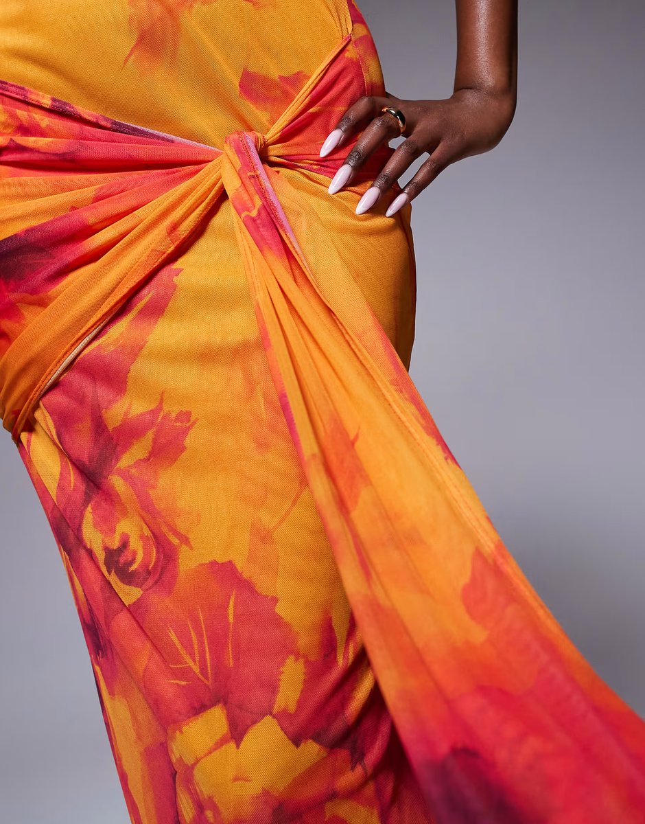 ASOS ASOS DESIGN one shoulder mesh maxi dress with knotted skirt detailing in orange floral print - 3