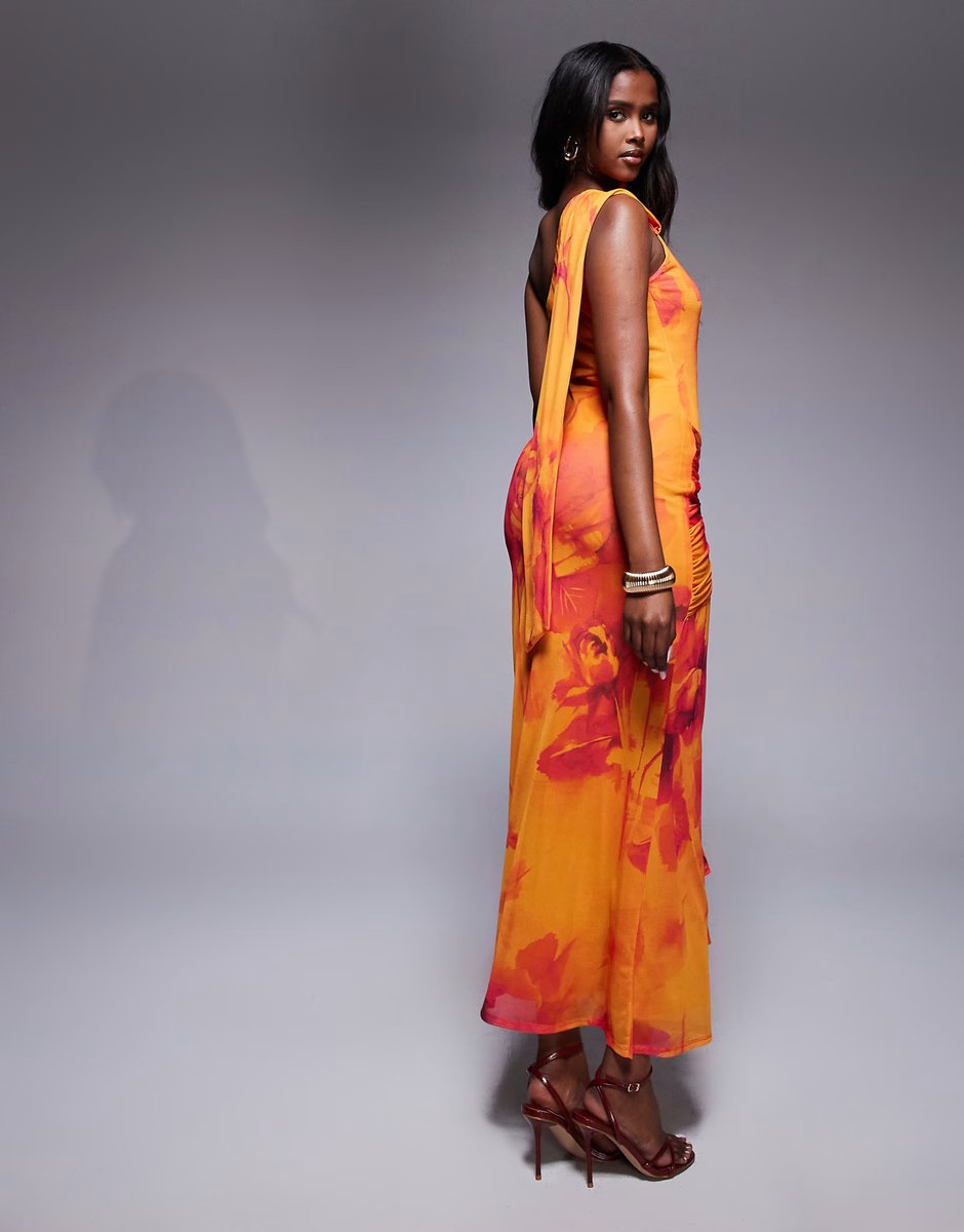 ASOS ASOS DESIGN one shoulder mesh maxi dress with knotted skirt detailing in orange floral print - 4