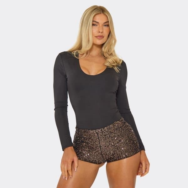 EGO EGO Bronze Sequin Mid Rise Shorts in Bronze