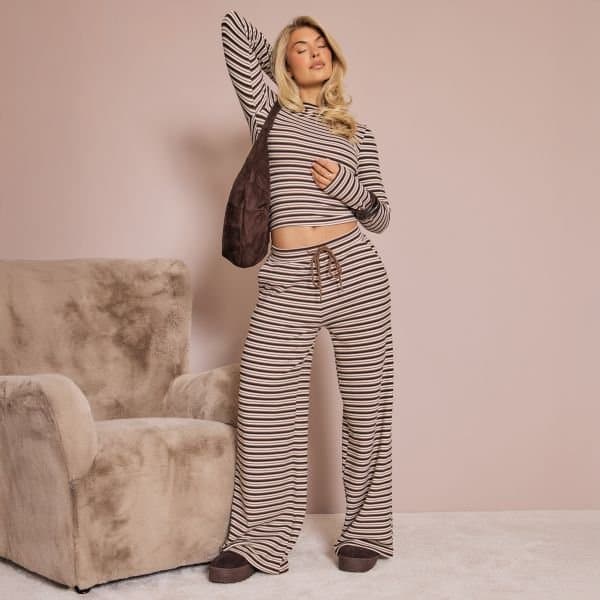 EGO Drawstring Waist Wide Leg Trouser In Brown Soft Stripe Fleece, Women's Size UK 6