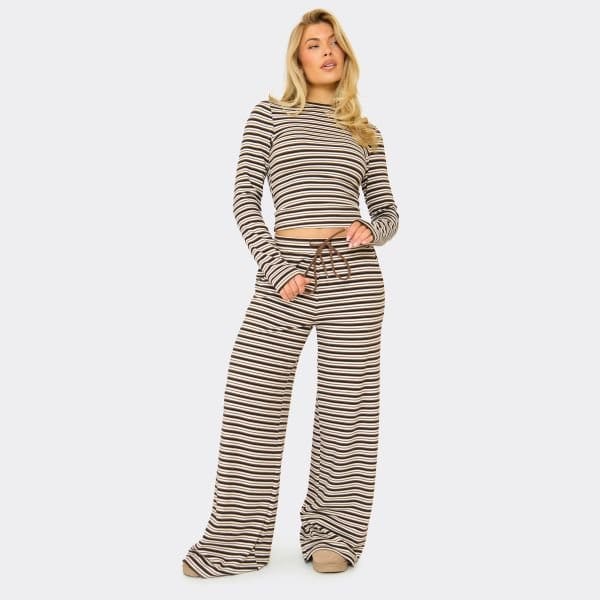 EGO Drawstring Waist Wide Leg Trouser In Brown Soft Stripe Fleece, Women's Size UK 6 - 2