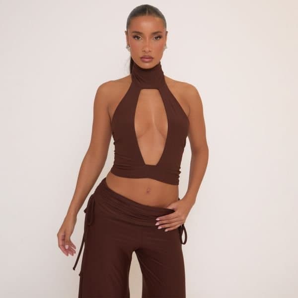 EGO EGO High Neck Cut Out Front Top in Brown