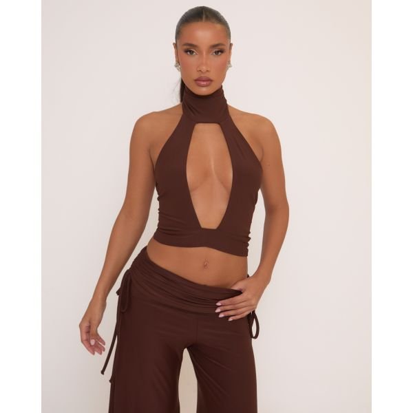 EGO High Neck Cut Out Front Top In Brown, Women's Size UK 12 - 2
