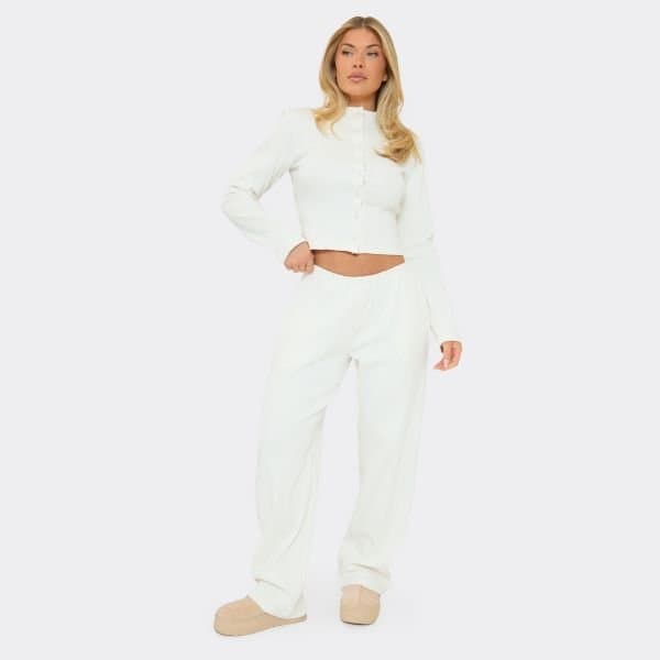 EGO EGO Cream Ribbed Mid Rise Elastic Waist Detail Wide Leg Trousers