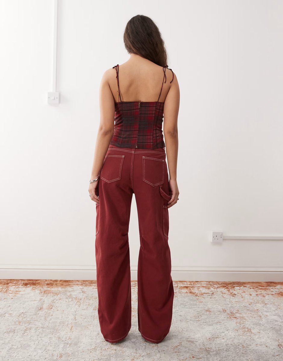 ASOS Lioness Miami Vice lowrise pocket detail wide leg jeans co-ord in burgundy - 3