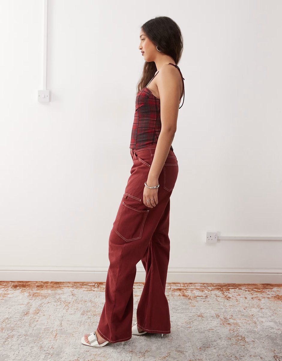 ASOS Lioness Miami Vice lowrise pocket detail wide leg jeans co-ord in burgundy - 4