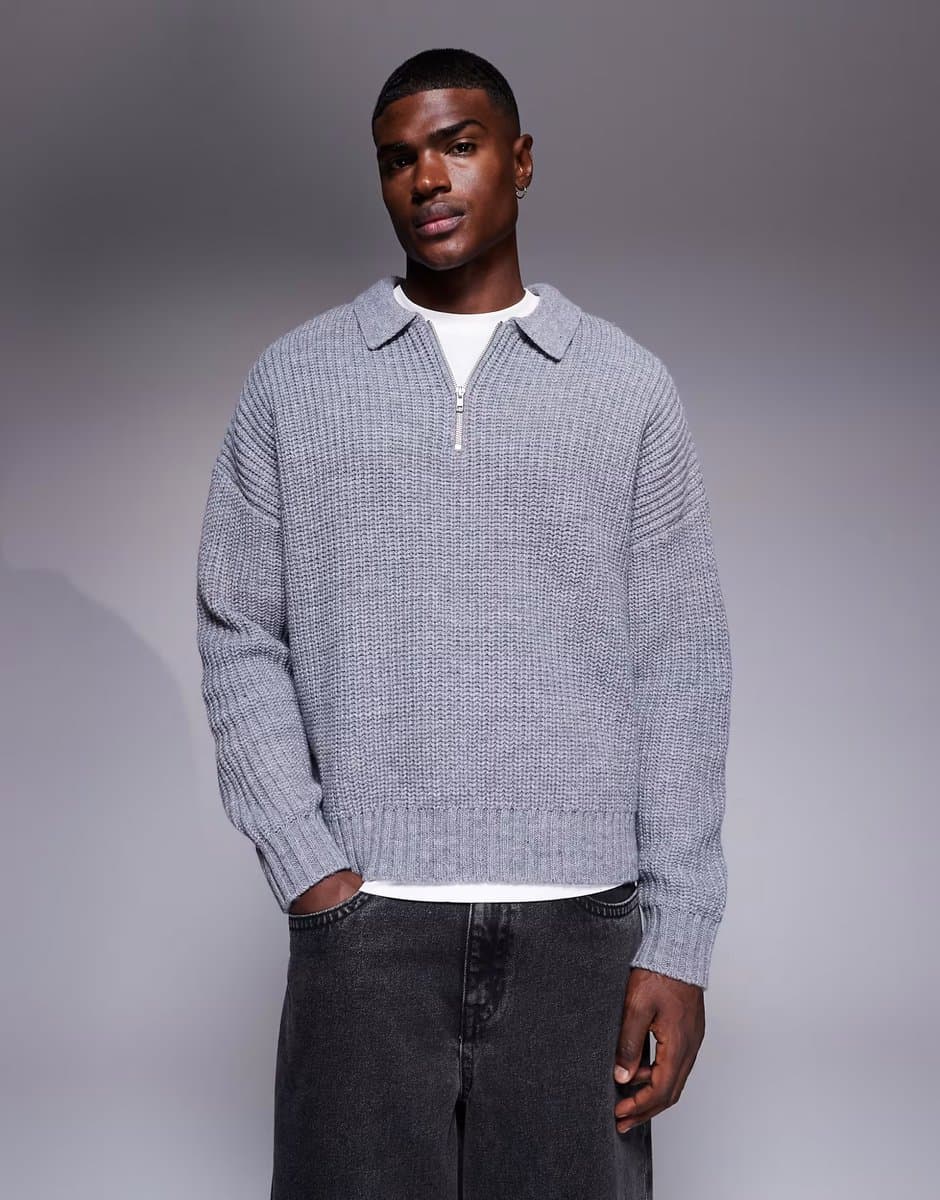ASOS ASOS DESIGN oversized boxy fit heavyweight knitted wool blend quarter zip polo in grey marl