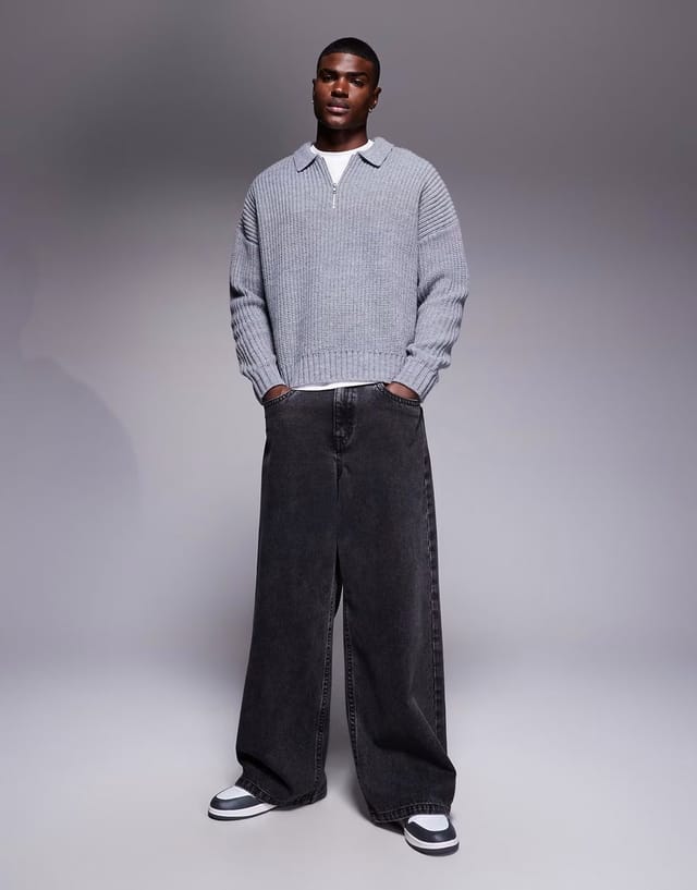 ASOS ASOS DESIGN oversized boxy fit heavyweight knitted wool blend quarter zip polo in grey marl - 2