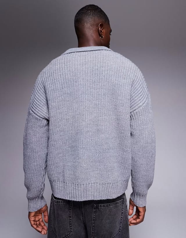 ASOS ASOS DESIGN oversized boxy fit heavyweight knitted wool blend quarter zip polo in grey marl - 3