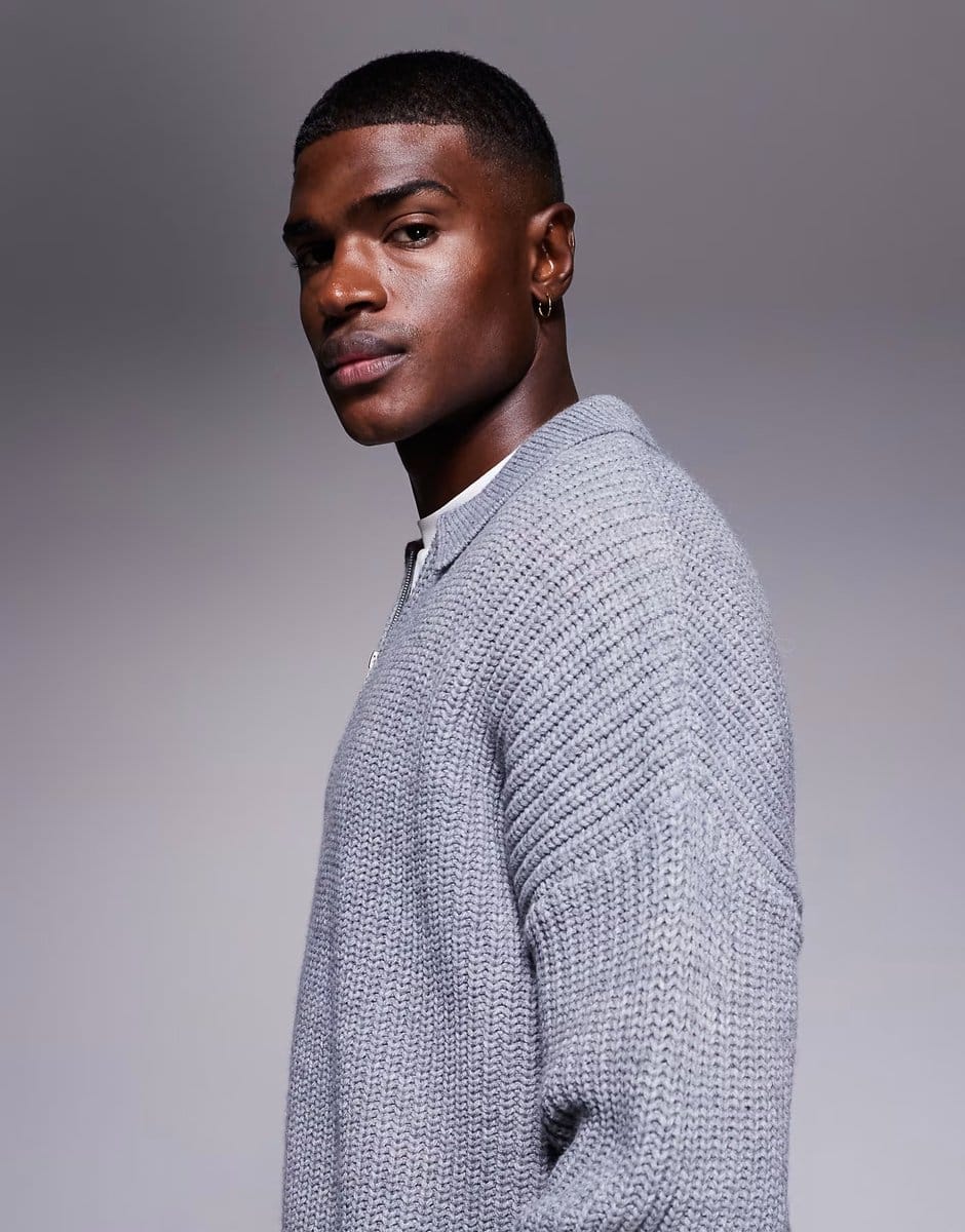 ASOS ASOS DESIGN oversized boxy fit heavyweight knitted wool blend quarter zip polo in grey marl - 4