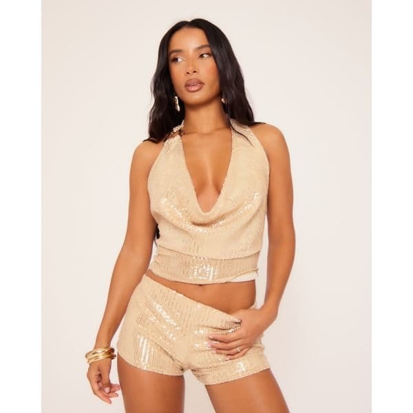 EGO Cowl Neck Trim Detail Top In Gold Sequin, Women's Size UK 12 - 2