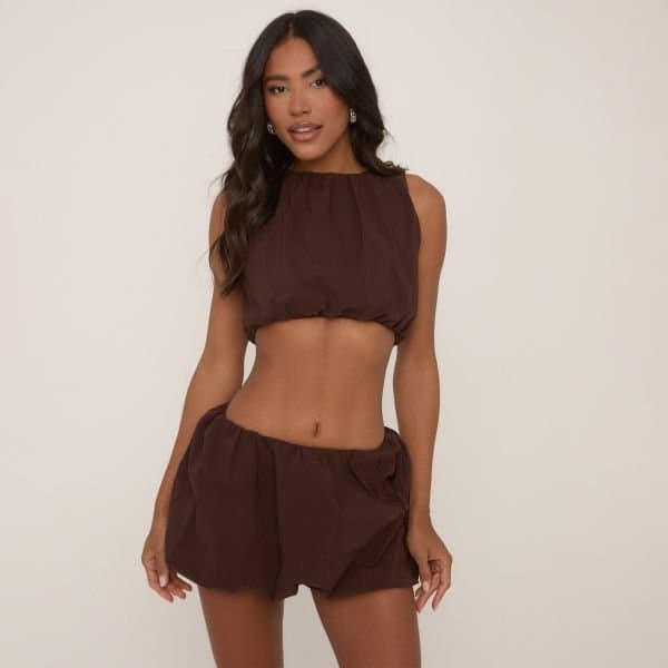 EGO Sleeveless Crop Top And High Waist Puffball Mini Skirt Co-Ord Set In Chocolate Brown, Women's Size UK 8