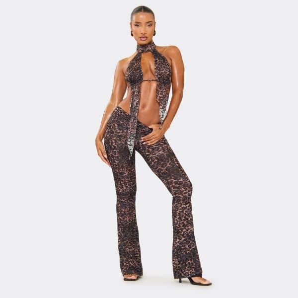EGO Mid Rise Flared Leg Trousers In Brown Leopard Print Lace, Women's Size UK 4