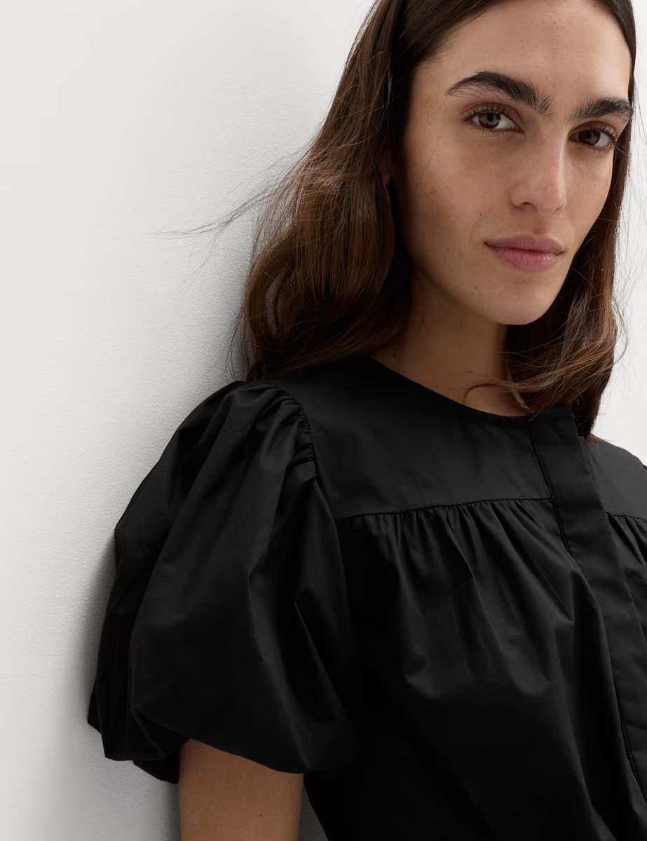 Marks & Spencer M&S Pure Cotton Puff Sleeve Drawstring Waisted Top Black - 3