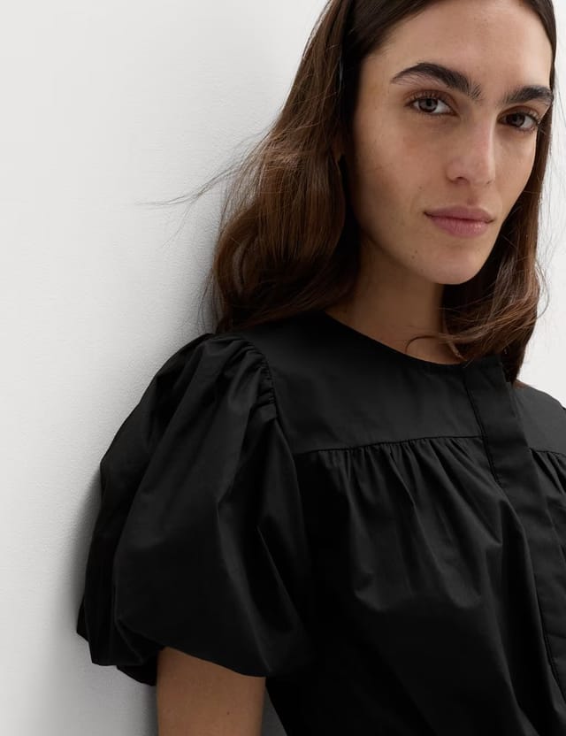 Marks & Spencer M&S Pure Cotton Puff Sleeve Drawstring Waisted Top Black - 3