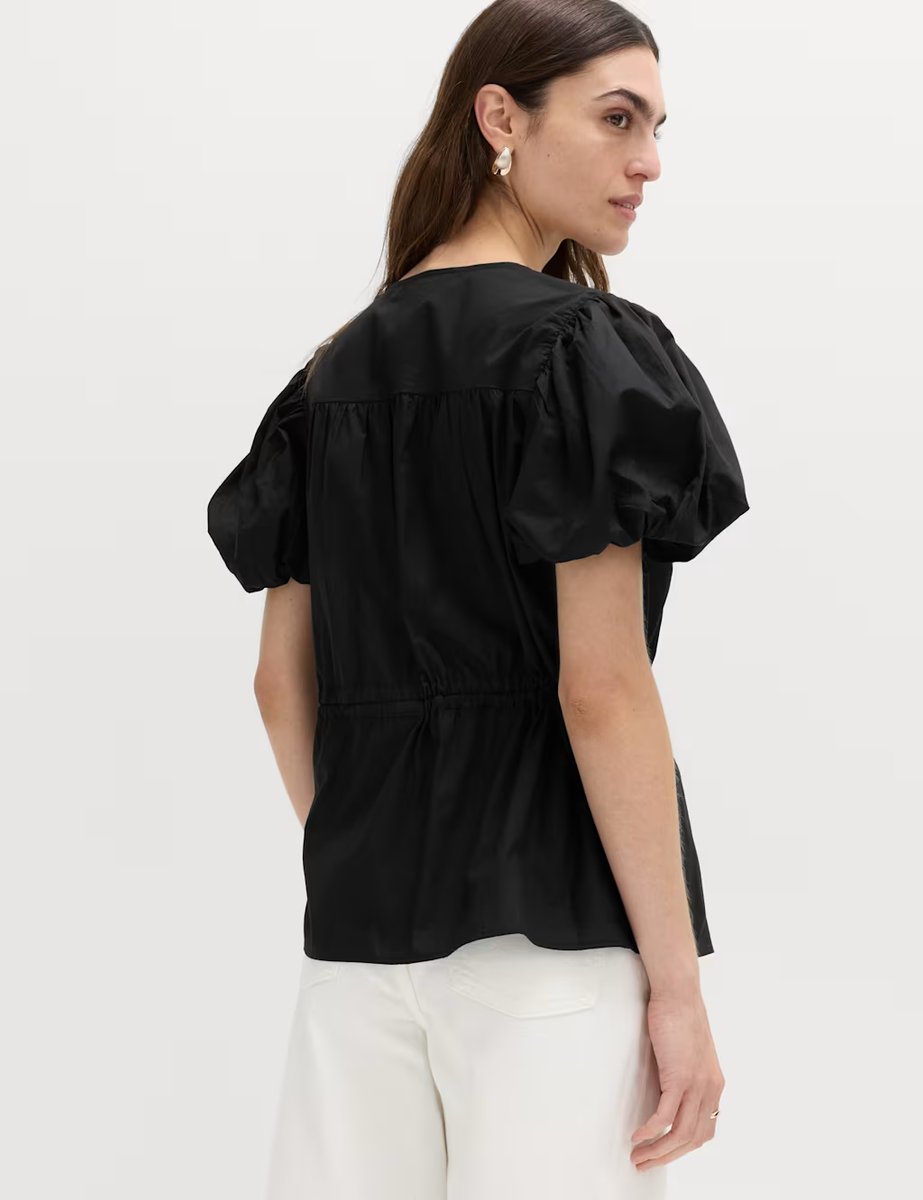 Marks & Spencer M&S Pure Cotton Puff Sleeve Drawstring Waisted Top Black - 4