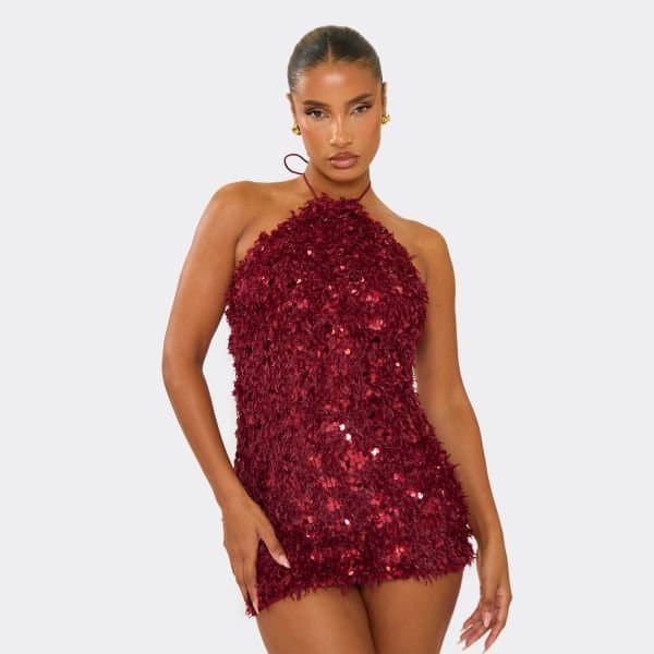 EGO Halterneck Mini Dress In Burgundy Textured Sequin, Women's Size UK 8