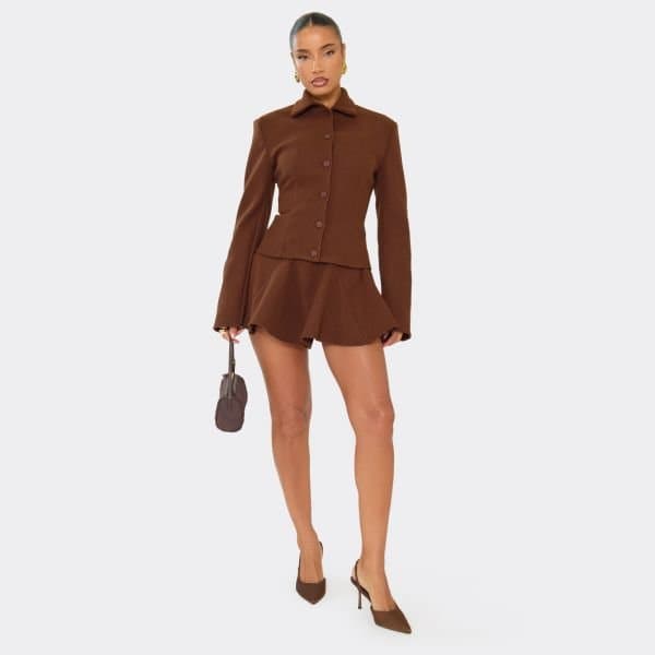 EGO Mid Waist Pleated Skater Wool Look Mini Skort In Chocolate Brown, Women's Size UK 6