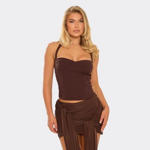 EGO Halterneck Corset Top In Chocolate Brown, Women's Size UK 4 - 1