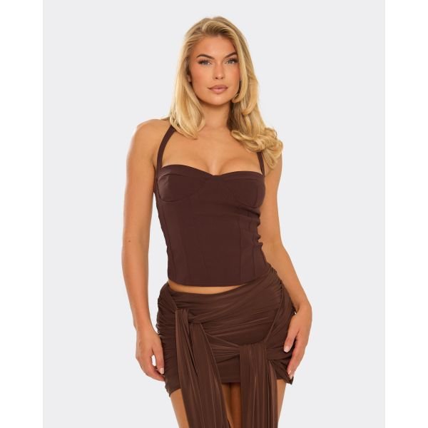 EGO Halterneck Corset Top In Chocolate Brown, Women's Size UK 4 - 2