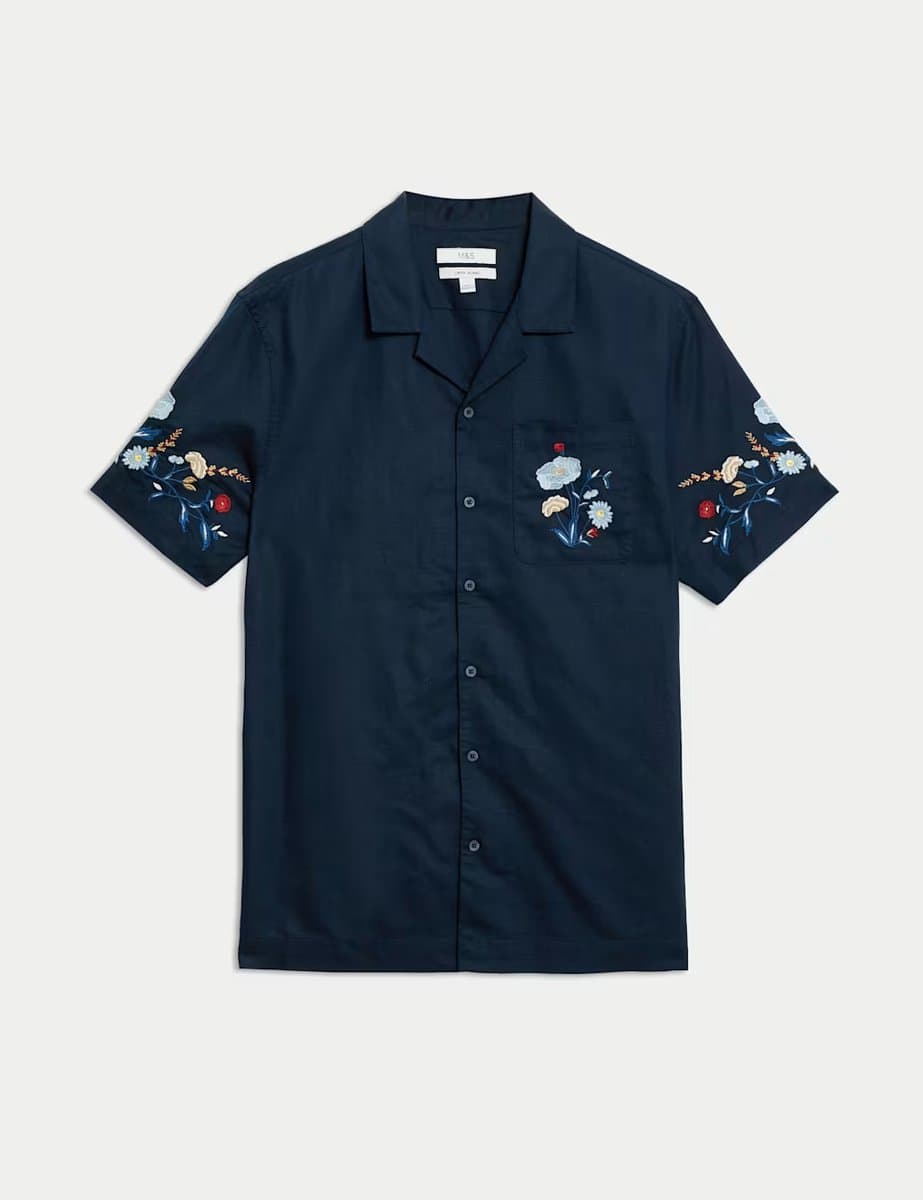 Marks & Spencer M&S Cuban Collar Short Sleeve Shirt in Navy Mix