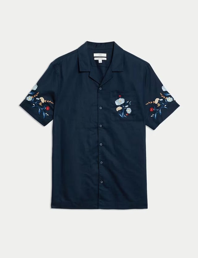 Marks & Spencer M&S Cotton Linen Blend Cuban Collar Shirt Navy Mix - 2