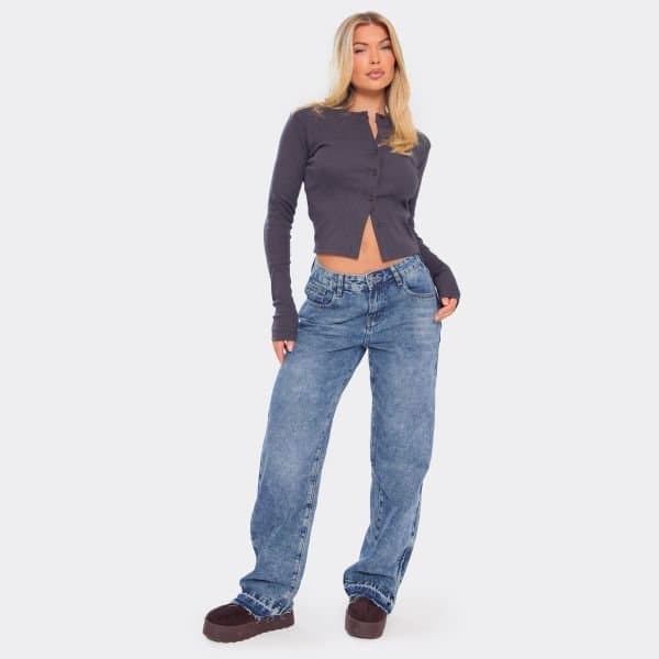 EGO Dipped Distressed Hem Detail Wide Leg Jeans In Washed Blue Denim, Women's Size UK 6