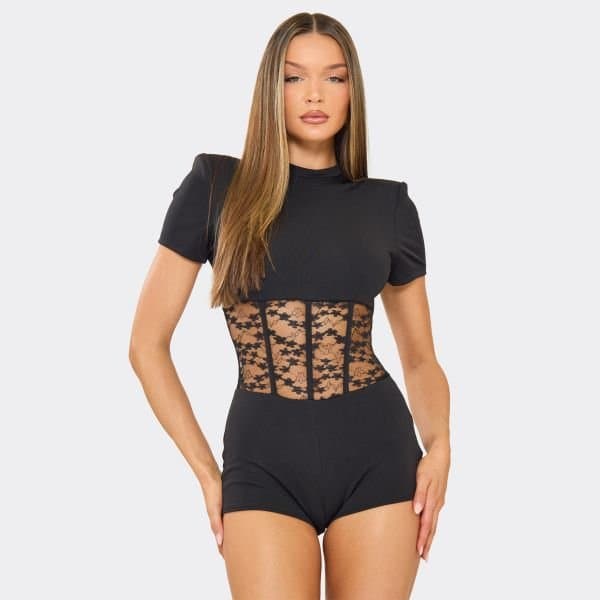EGO Short Sleeve Contrast Lace Boning Detail Playsuit In Black, Women's Size UK 6