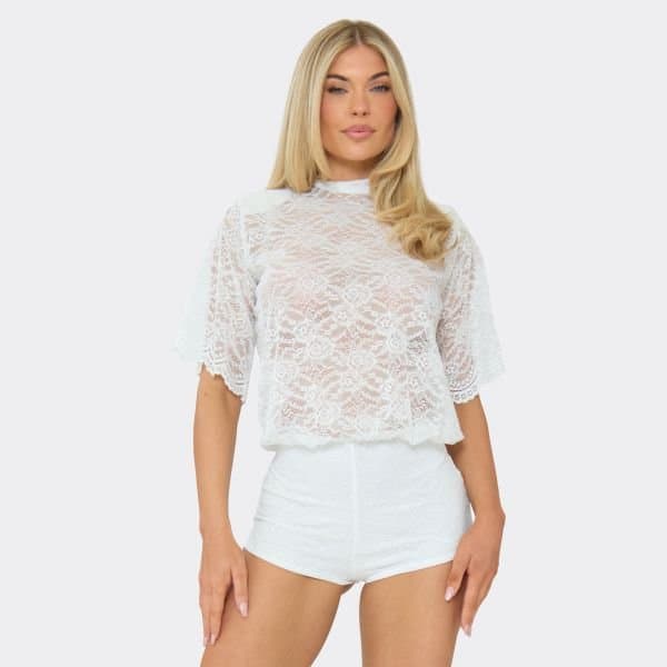 EGO High Neck Short Sleeve Sheer Lace Micro Playsuit In Cream, Women's Size UK 6