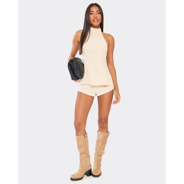 EGO Mid Rise Mini Hot Pants In Stone Woven, Women's Size UK 6 - 2