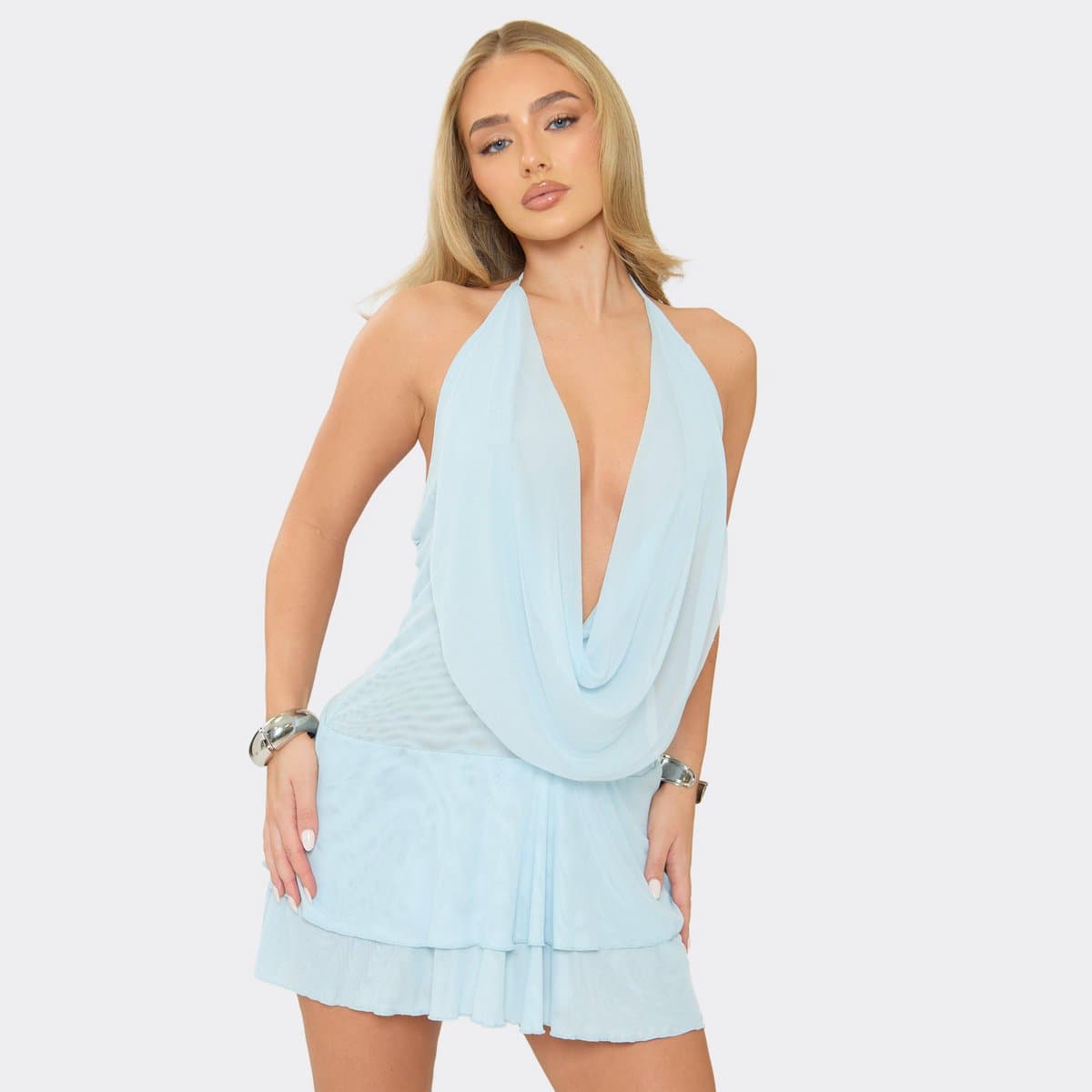 EGO Halterneck Layered Hem Sheer Mini Dress In Baby Blue, Women's Size UK 6
