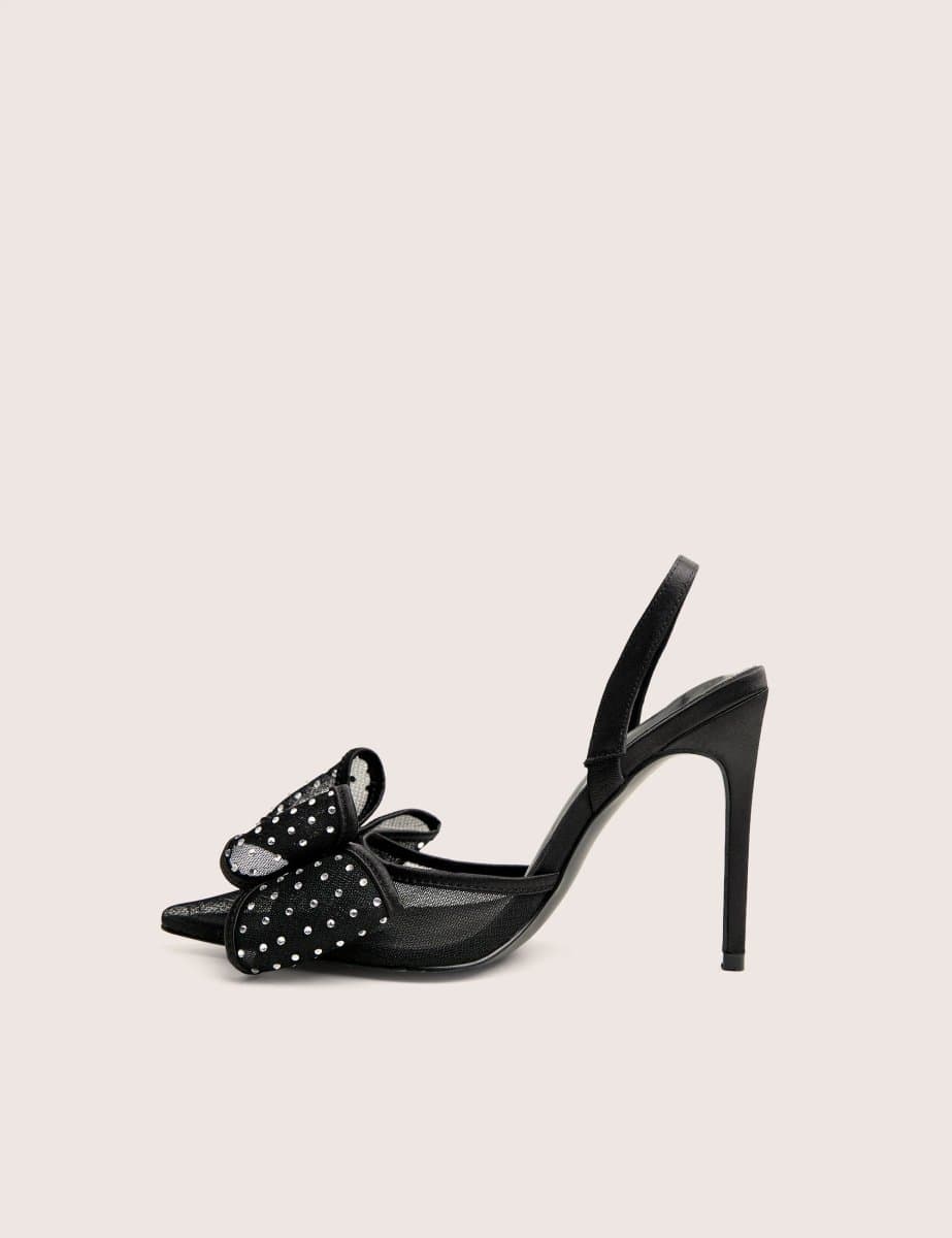 Public Desire Trisha Black Mesh Bow Diamante Detail Sling Back Court Heels