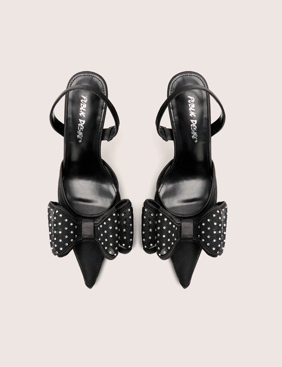 Public Desire Trisha Black Mesh Bow Diamante Detail Sling Back Court Heels - 4