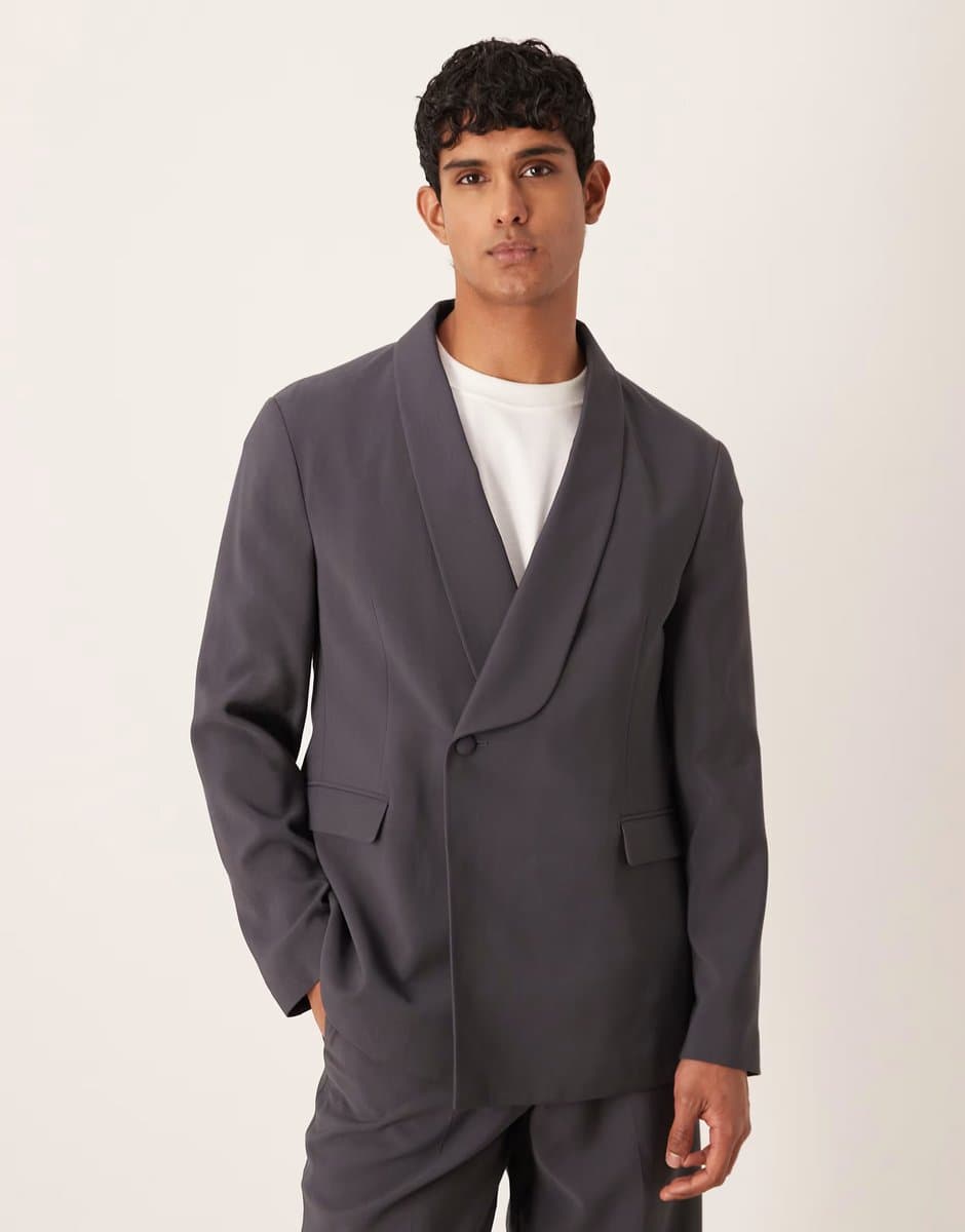ASOS ASOS Double Breasted Regular Wrap Tuxedo Jacket in Charcoal
