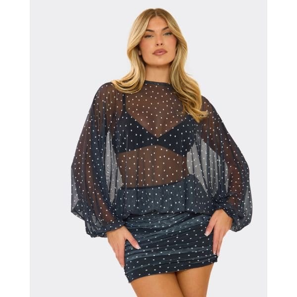 EGO Batwing Sleeve Ruched Detail Mini Dress In Black Polka Dot Mesh, Women's Size UK 6 - 2
