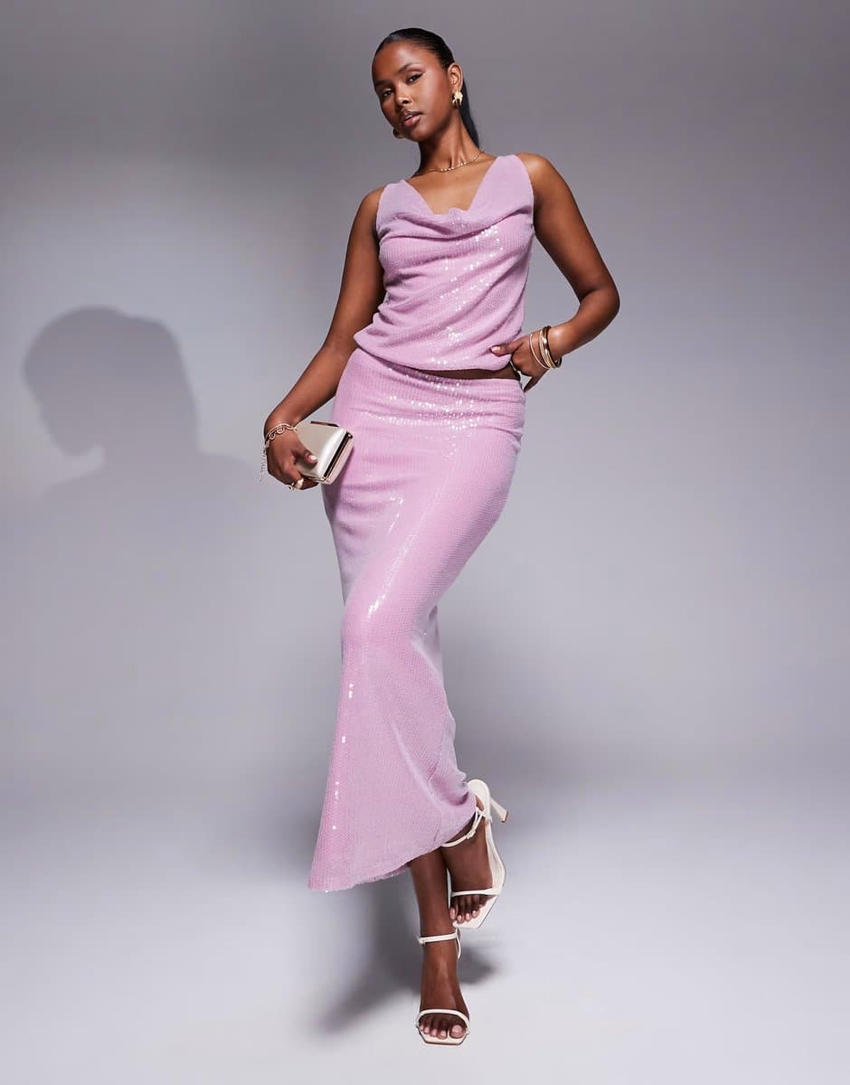 ASOS Rare London sequin maxi skirt co-ord in pink