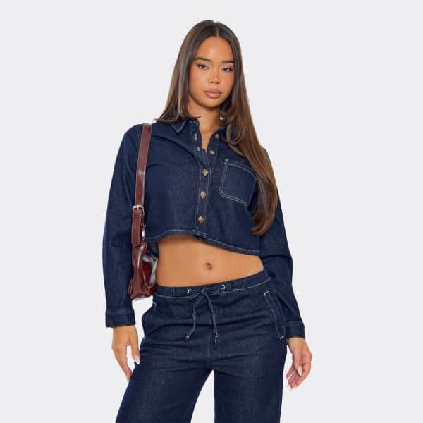EGO Long Sleeve Button Up Cropped Jacket In Indigo Blue Denim, Women's Size UK Large L