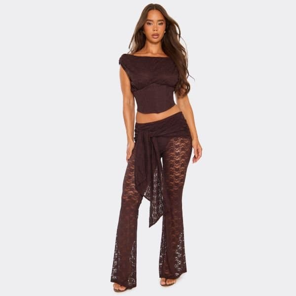 EGO Tie Waist Detail Flared Leg Trousers In Chocolate Brown, Women's Size UK 6