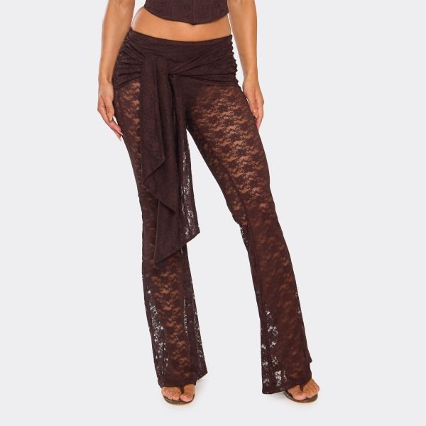 EGO Tie Waist Detail Flared Leg Trousers In Chocolate Brown, Women's Size UK 6 - 2