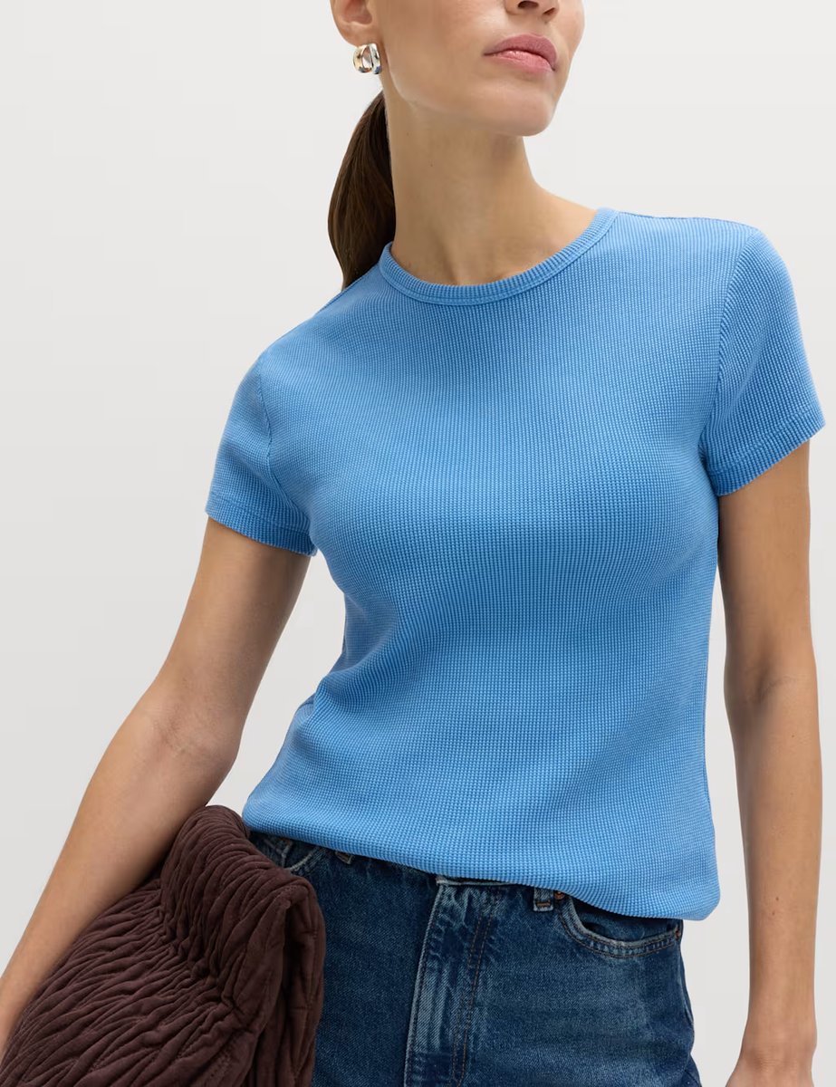 Marks & Spencer M&S Pure Cotton Waffle T-Shirt China Blue - 2