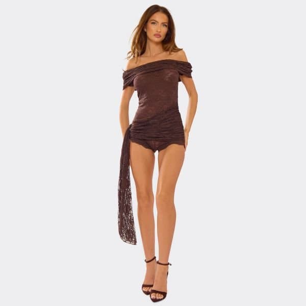 EGO Bandeau Tie Waist Detail Playsuit In Brown Lace, Women's Size UK 6