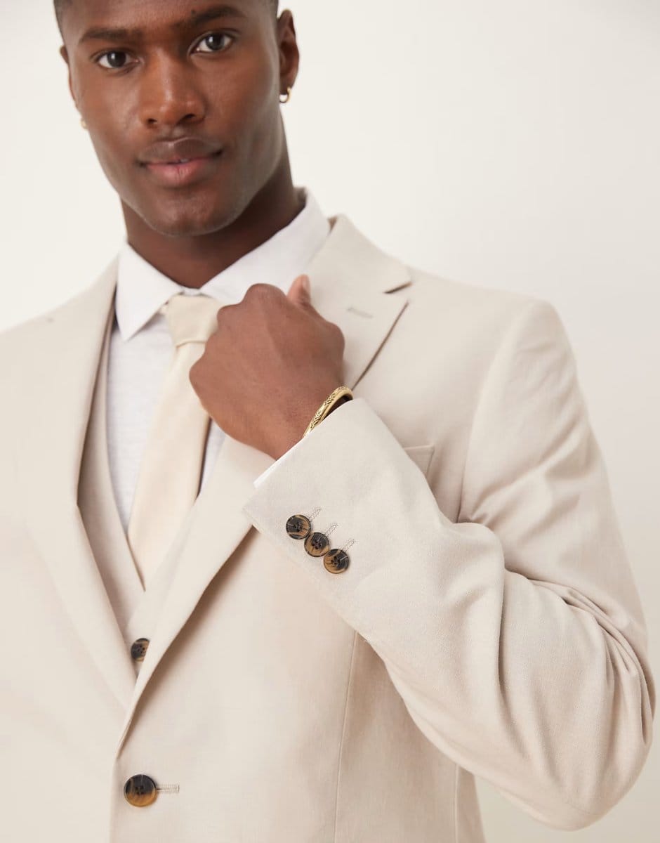 ASOS ASOS DESIGN slim linen suit jacket in stone - 4