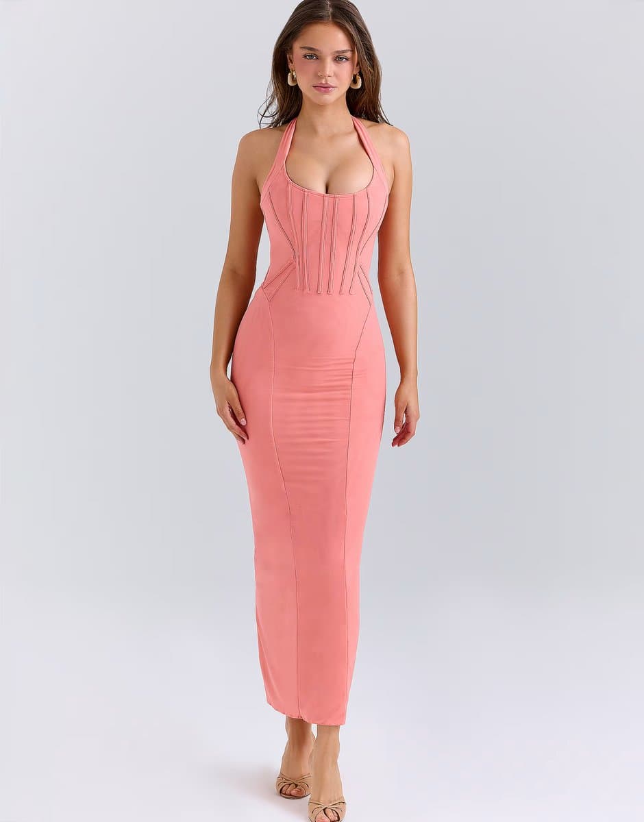 ASOS House of CB Lusilla coral stretch mesh halter neck midi dress in coral