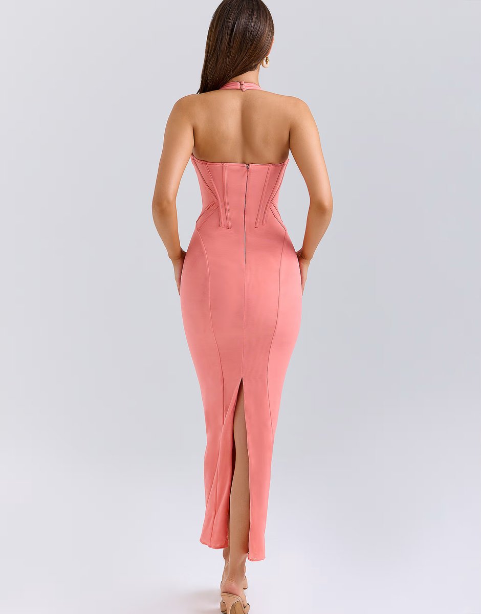 ASOS House of CB Lusilla coral stretch mesh halter neck midi dress in coral - 2