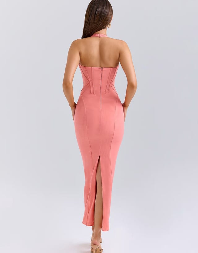 ASOS House of CB Lusilla coral stretch mesh halter neck midi dress in coral - 2
